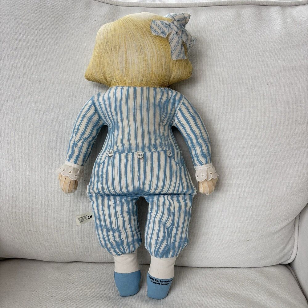 Vtg Cloth Plush Doll 1984 Toy Works Valerie Leonard Blue Stripes Pinafore Blonde - Picture 7 of 16